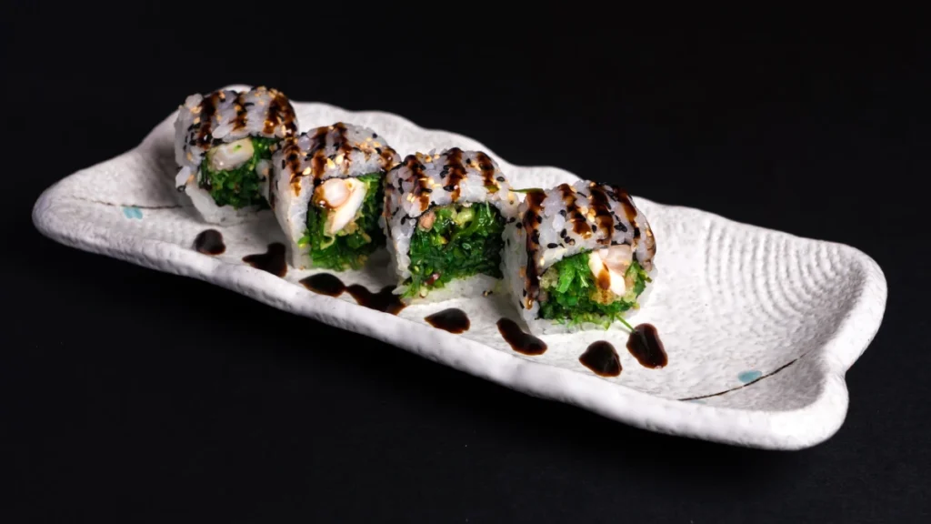 Fresh samhimi slices served with soy sauce and wasabi